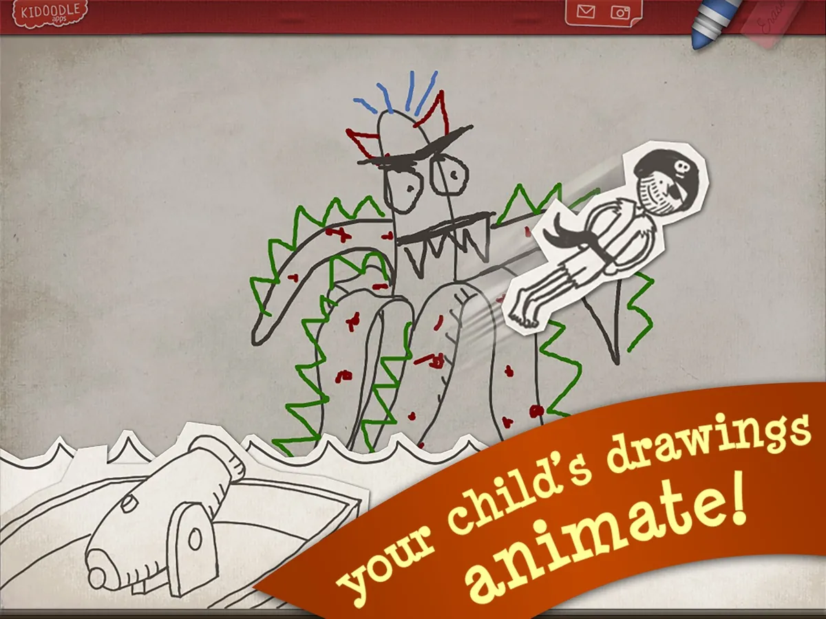A child's drawing of a sea monster coming alive in Pirate Scribblebeard's Treasure